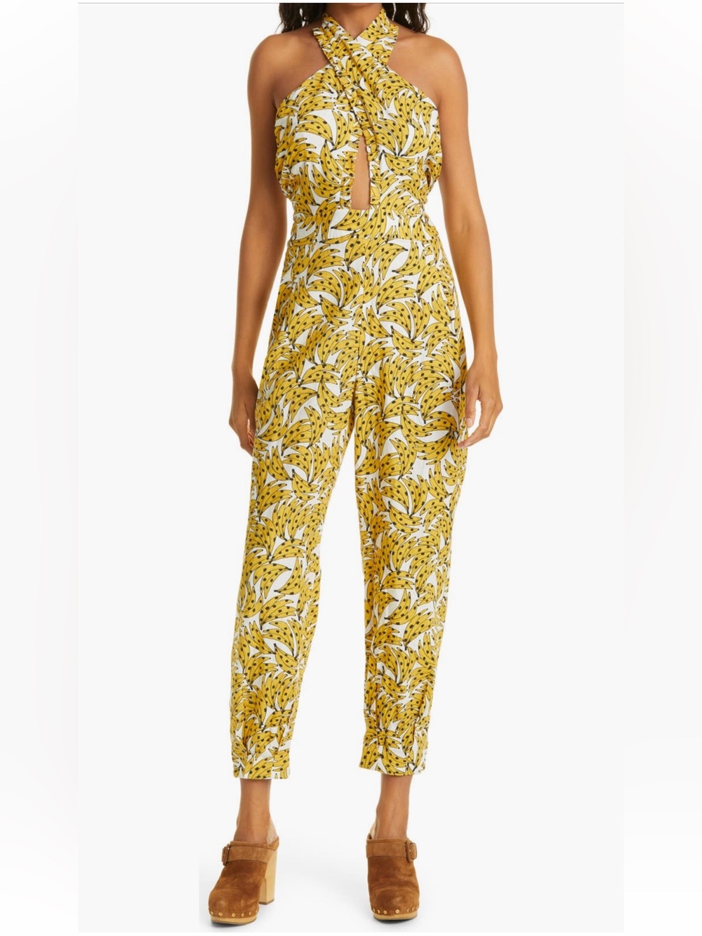FARM Rio Spotted Bananas Crossover Halter Jumpsuit Size Small NWT